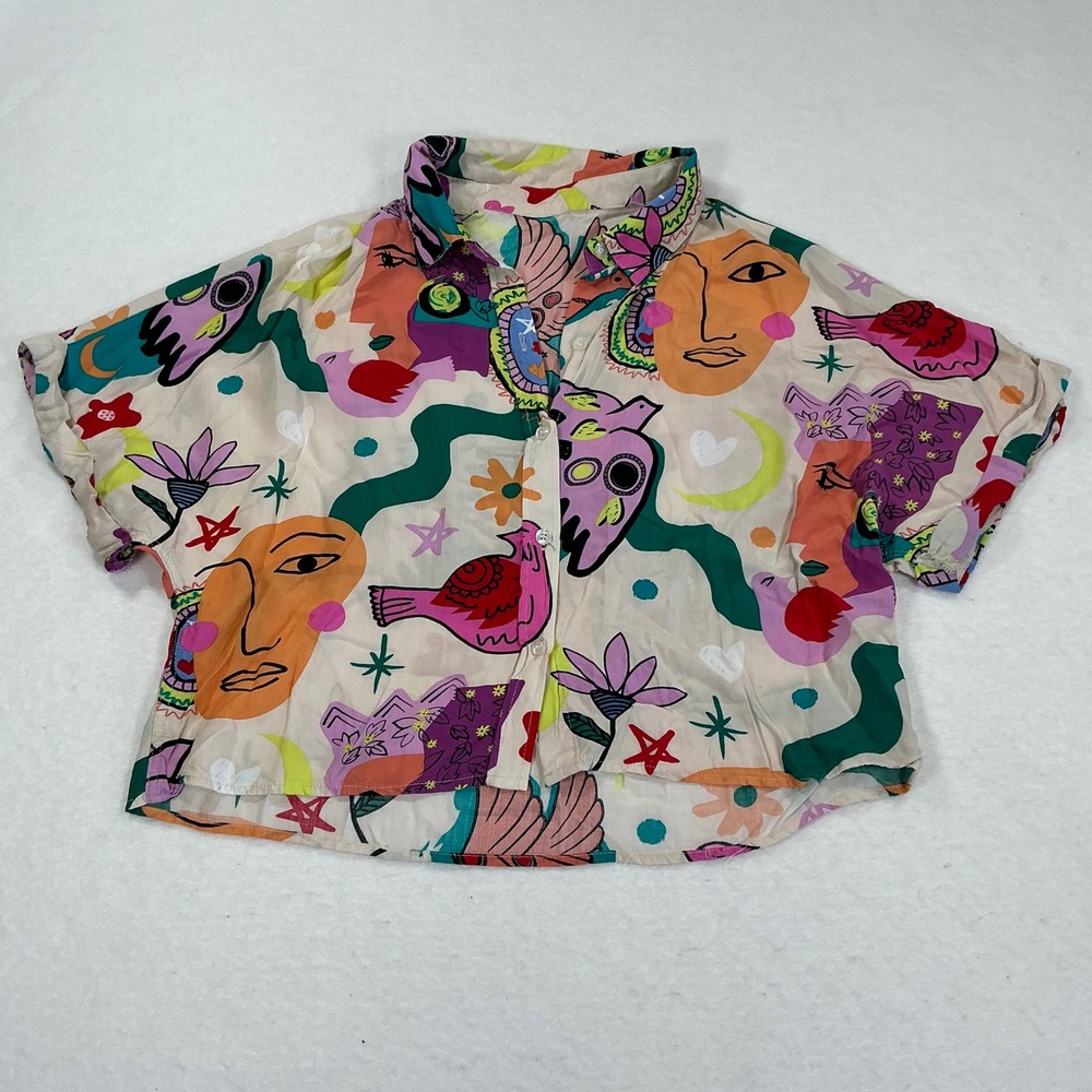 Abstract Face Bird Print Rayon Button Down Shirt Boxy Crop Top Large 40550T-2